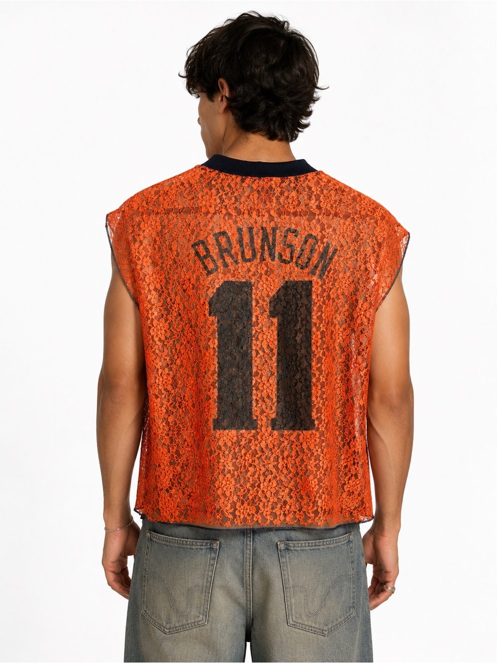 Men's Orange Lace Sleeveless Jersey with 'BRUNSON 11' Print